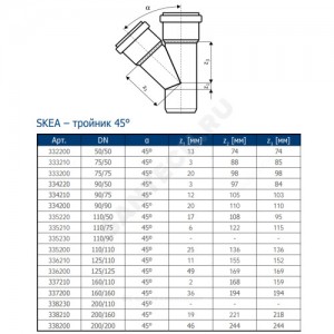 Тройник (PP-MD) бесшумный светло-серый Skolan dB SKEA Дн 200х200х45гр (DN200) б/нап в/к Ostendorf 338200